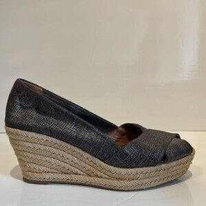 Tory Burch Filipa Wedge Espadrille Metallic Grey Shoes Size 10.5